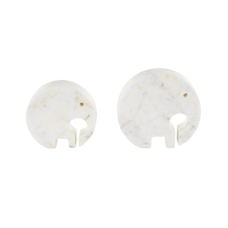 White Marble Circular Abstract Elephant Decorative Sculpture with Gray Marble Veins and Cutouts (Set of 2)