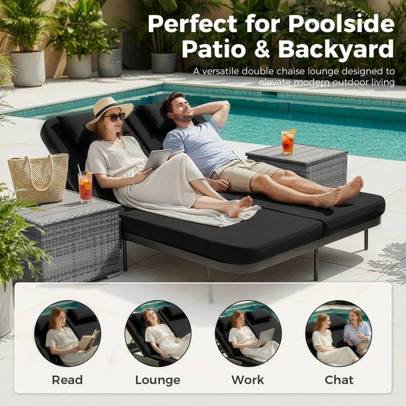 2-Person Outdoor Double Chaise Lounge with 2 Side Tables, Wicker Patio Reclining Daybed, Adjustable Backrests, 800 lb Capacity