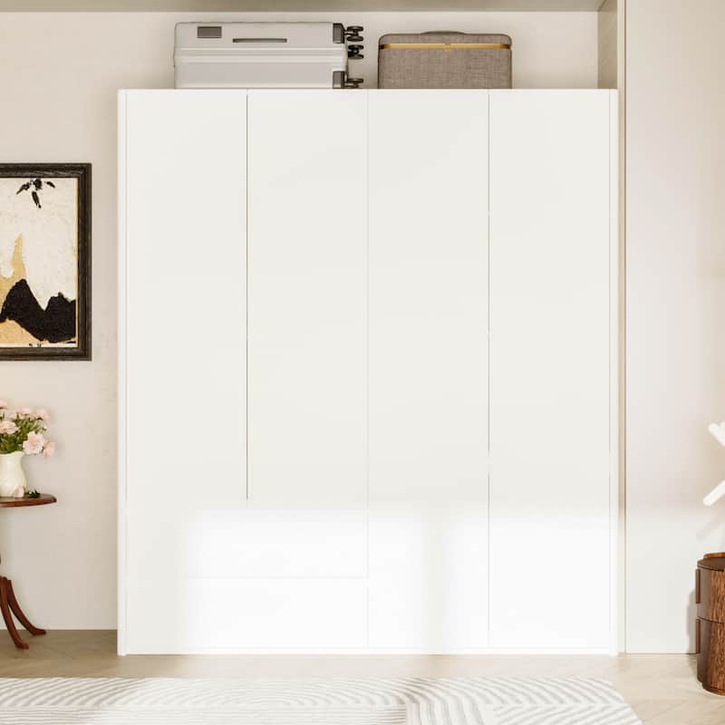 126"x70.9" Modern White Wardrobe with Hanging Rod & Two Drawers - Curved Side Design