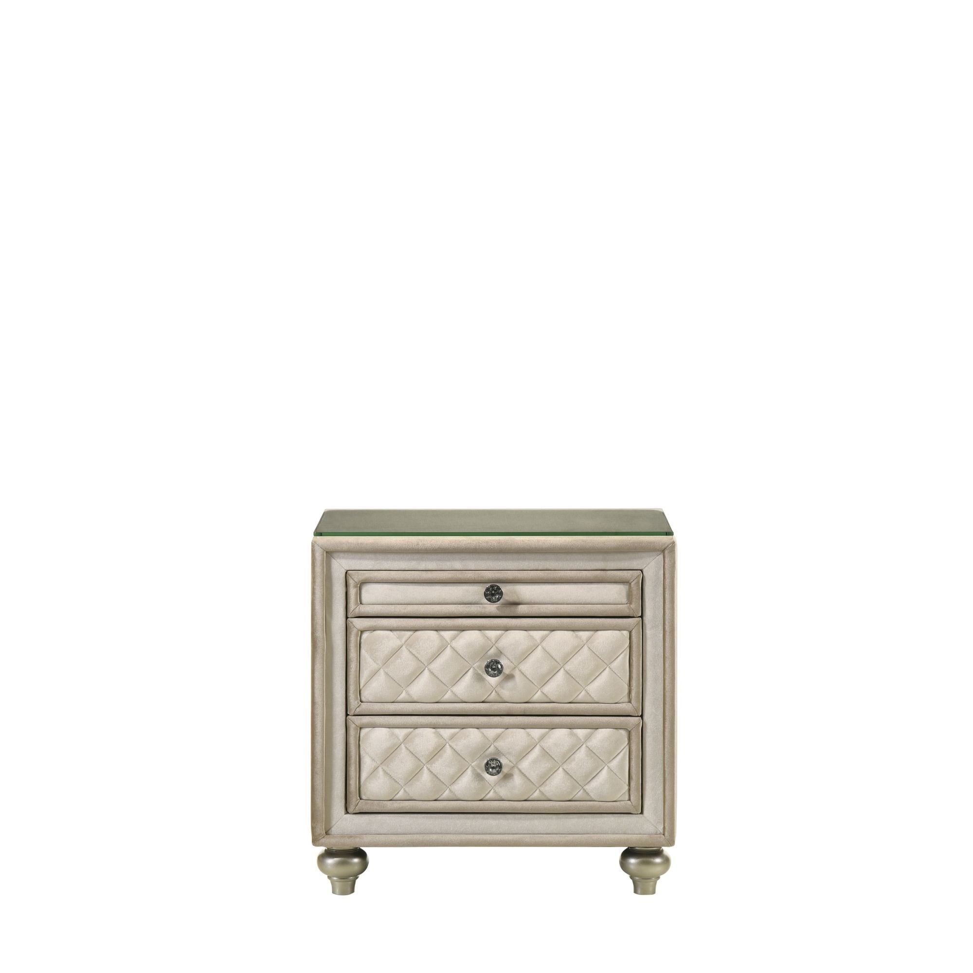 Roomfitters 3 Drawer Nightstand Glam Glass Top Bedside Table Diamond Quilted End Table Upholstered Accent Storage Cabinet, Beige