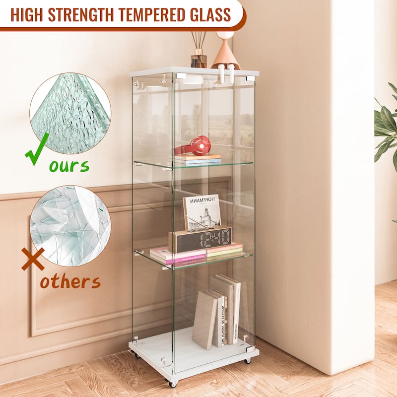 Glass Display Cabinet with Doors & Locks, Acrylic Shelves, Floor Standing Storage Showcase for Home or Office
