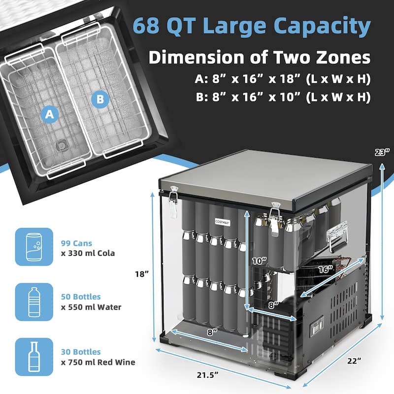 Costway 68 Quart Car Refrigerator 12V Portable Car Freezer Fridge w/DC - 21.5'' x 22'' x 23''