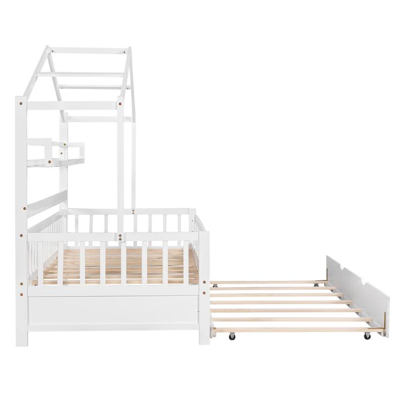 Wooden House Bed Frame with Trundle Bed, Kids Playhouse Bed, Solid Pine Platform Bed Frame with Shelf and Fence