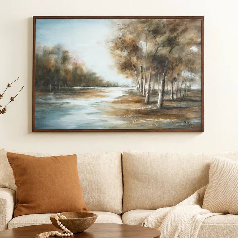 39 x 59 Hand Painted Forest Scenery, Resin Coat, Warm Blues and Browns - Green, Blue, White, Brown