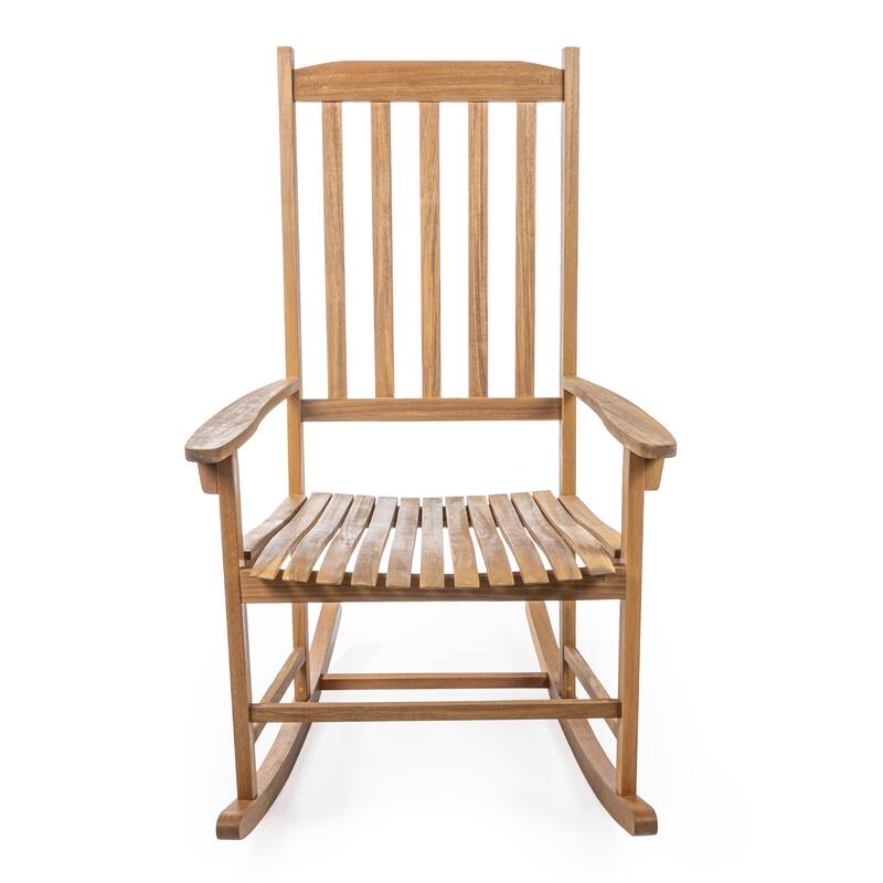 Parker Farmhouse Classic Slat-Back 350-LBS Support Acacia Wood Outdoor Rocking Chair, by JONATHAN Y - Teak Brown