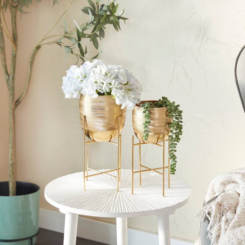 Silver, Gold or Gray Metal Modern Planter with Removable Stand (Set of 2) - S/2 6", 5"W - Gold
