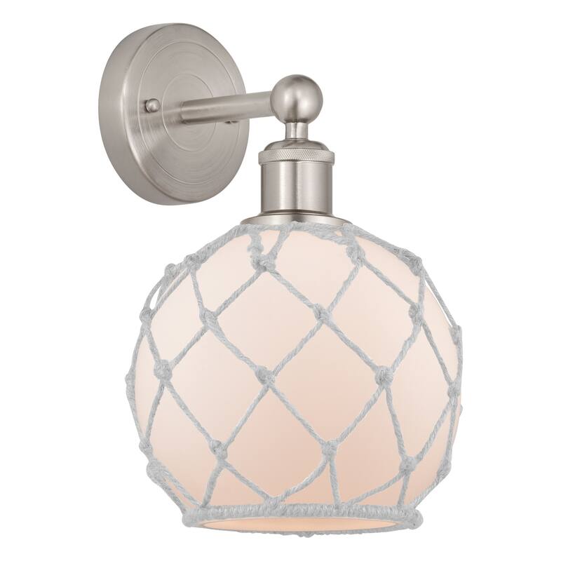 Innovations Lighting 616-1W-13-8 Farmhouse Rope Sconce Farmhouse Rope - Brushed Satin Nickel / White Glass with White Rope
