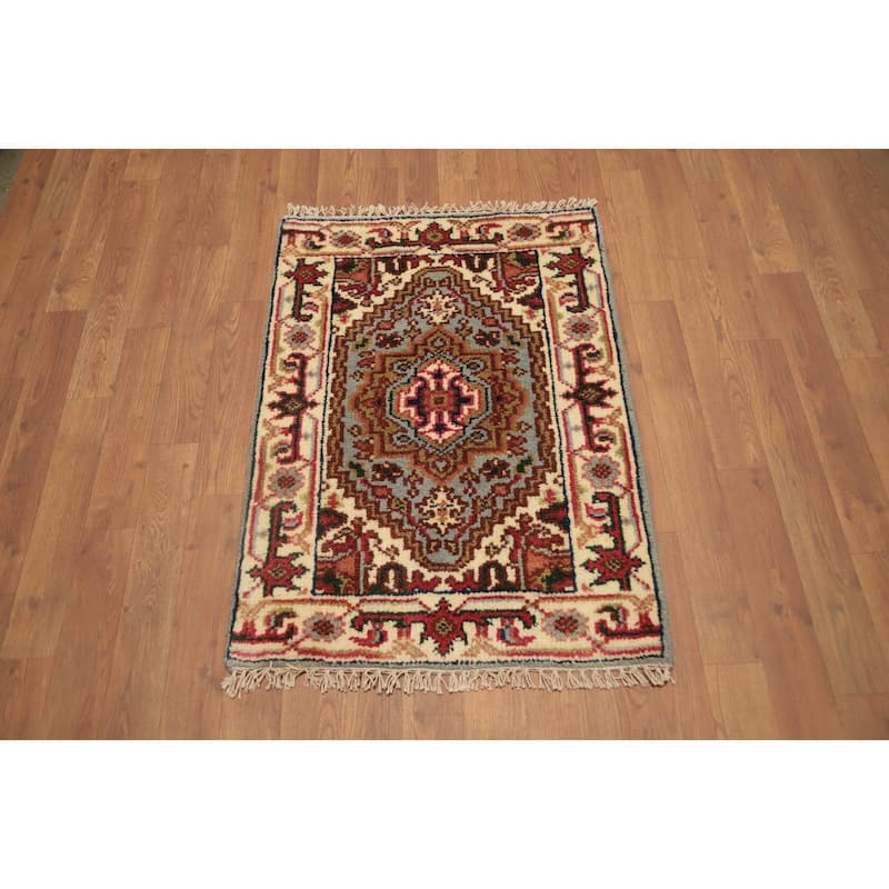 Hand Knotted Oriental 100% Wool Carpet Traditional Medallion Greys & Charcoal Heriz (serapi) Area Rug - 3' 0'' X 2' 0''