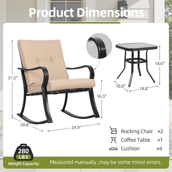 dimension image slide 1 of 2, Solaura 3-piece Outdoor Patio Rocking Chairs Conversation Bistro Set