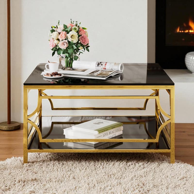 Square Glass Coffee Table 33.5" with Gold Geometric Metal Frame and Lower Shelf, Modern Accent Furniture