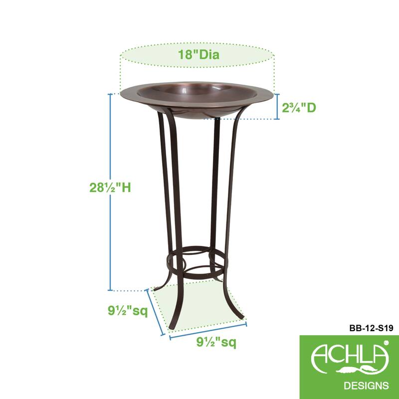 Achla Designs 18"Dia. Round Antique Finished Brass Classic Copper Birdbath w/Roman Bronze Wrought Iron Tulip Stand