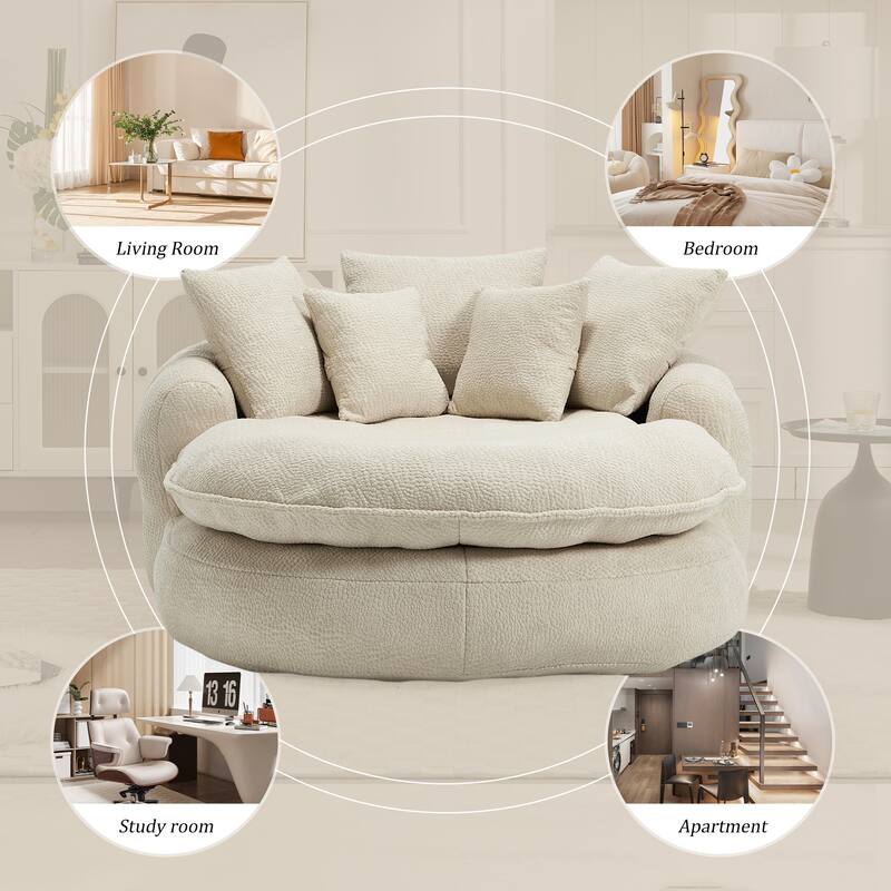 Oversized Oval Upholstered Bean Bag Sofa, Lazy Sofa with 3 Large Pillows and 2 Small Pillows, Wrap Around Backrest