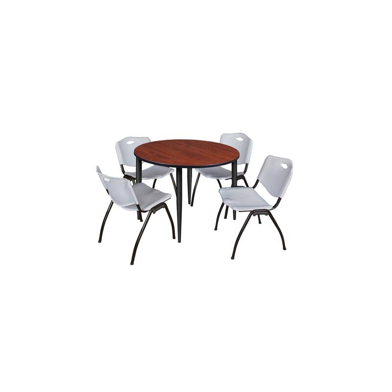 48 in. Round Breakroom Table- Cherry Top, Black Base & 4 M Stack Chairs- Grey