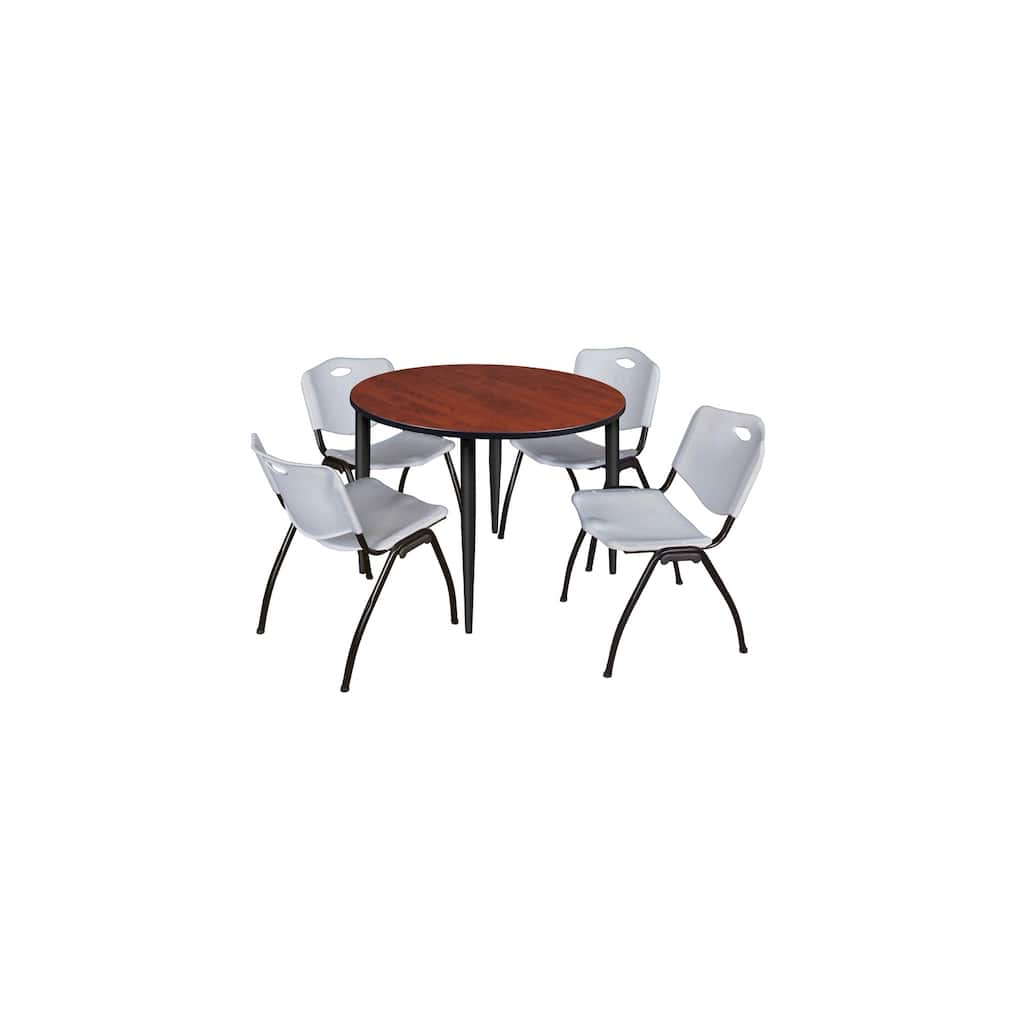48 in. Round Breakroom Table- Cherry Top, Black Base & 4 M Stack Chairs- Grey