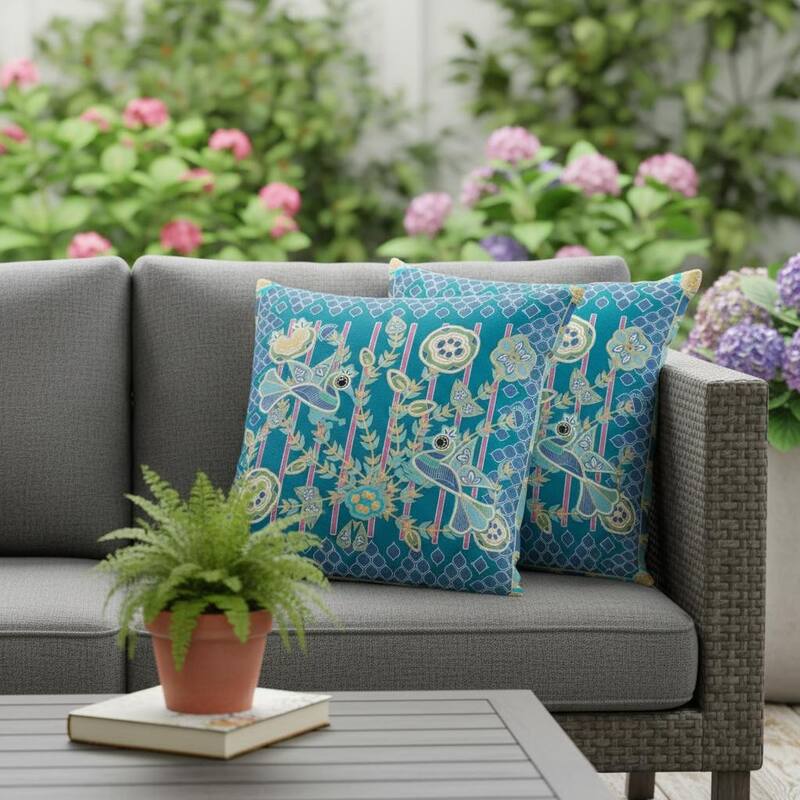 HomeRoots Set of Two 16" X 16" Blue and Green Peacock Blown Seam Floral Indoor Outdoor Throw Pillow - 16.00' X '16.00' X '5.00 - Blue/Green - 16.00' X '16.00' X '5.00