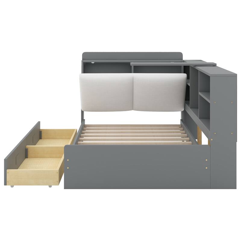 Twin Size Platform Bed with Storage Headboard, Shelves, and 2 Drawers in Gray