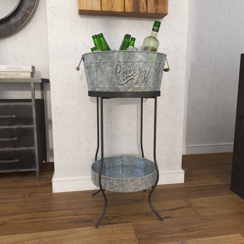 Gray Metal 6 Bottle Ice Bucket with Lower Shelf - 19 x 19 x 34Round