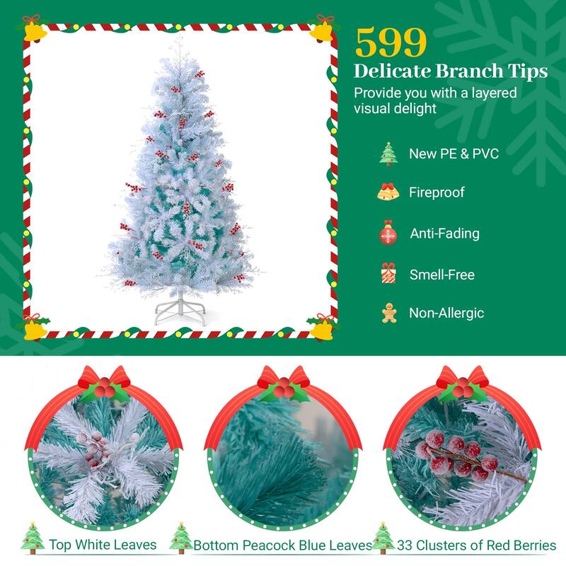 Costway 6 FT Pre-lit Artificial Christmas Tree with 599 Branch Tips & - Peacock Blue & White
