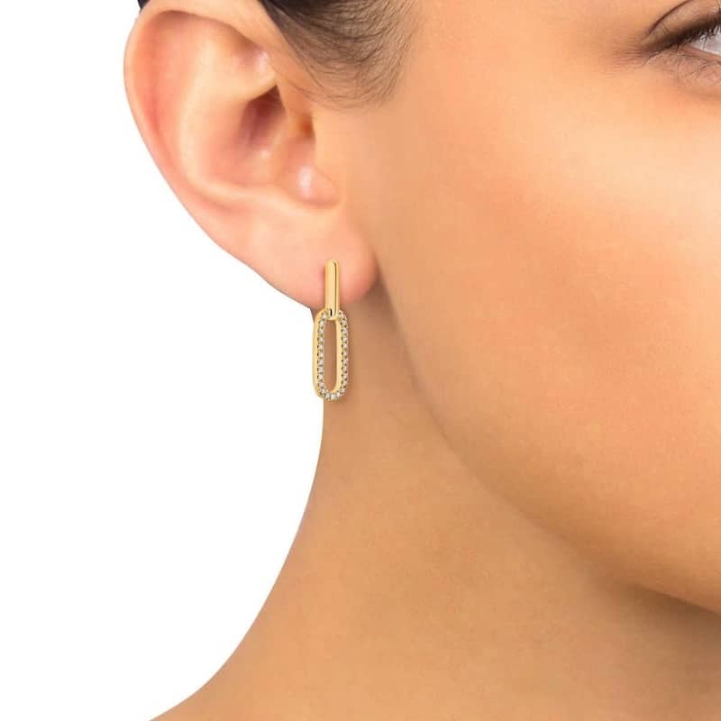 1/2Ct Diamond Paper Clip Drop Earrings Yellow Gold Women's 1" Tall Lab Grown