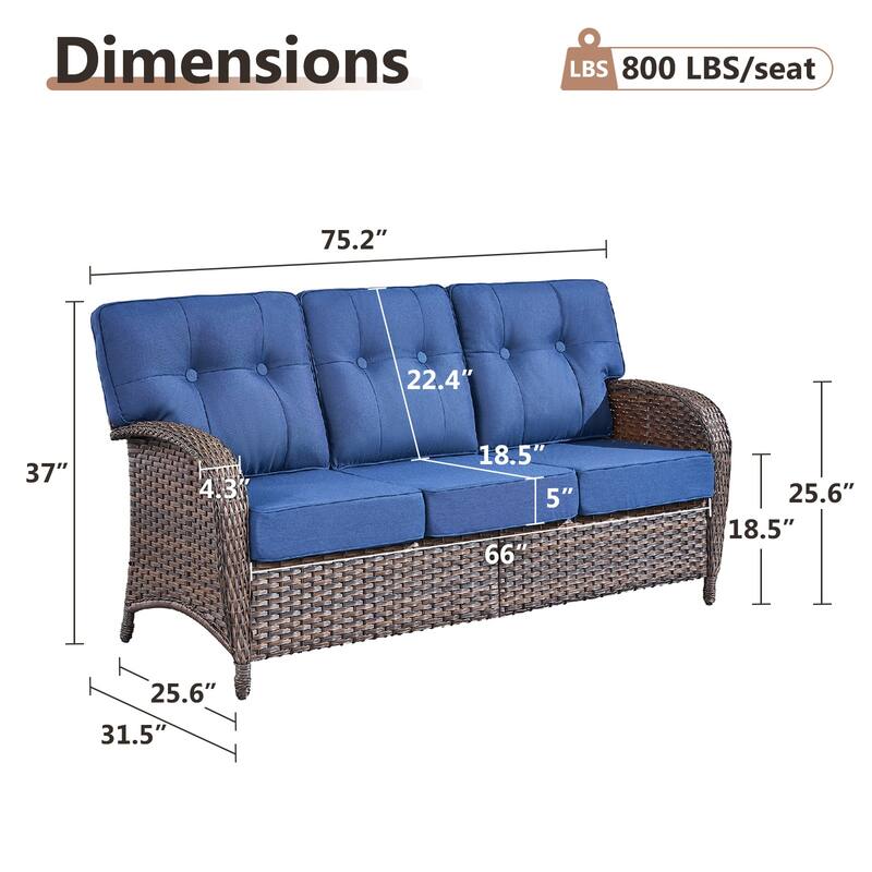 TWrap Brown Wicker Patio 3-Seat Sofa with 5-Inch Thick Cushions