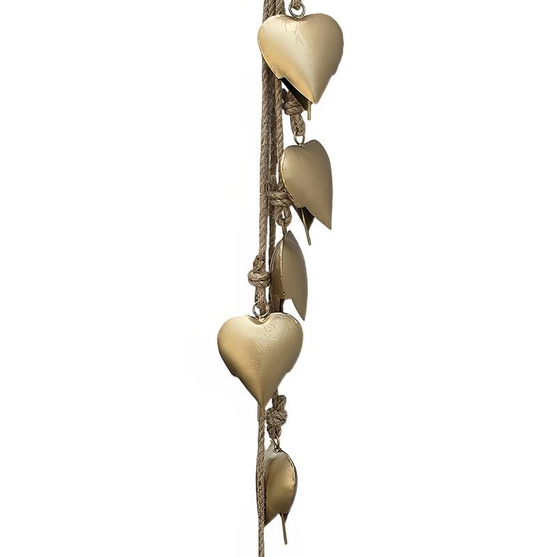 Zema 6 Heart Shape Iron Bells on 35 Inch Jute Hanging Rope, Antique Gold Wall Decor