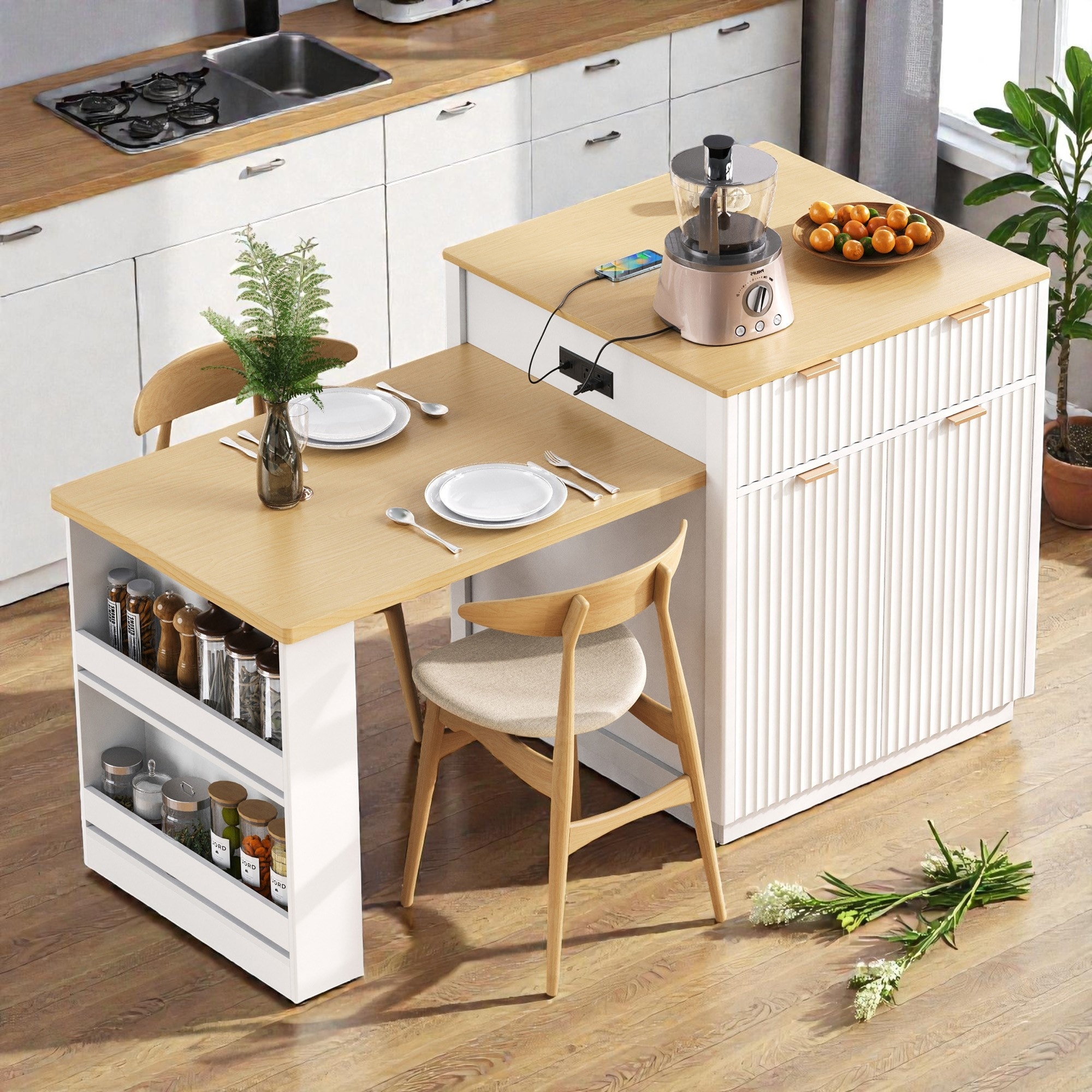 82.6" Fluted Kitchen Island with Extendable Dining Table for 2-6, Power Outlet, Double-Side Storage, Drawers