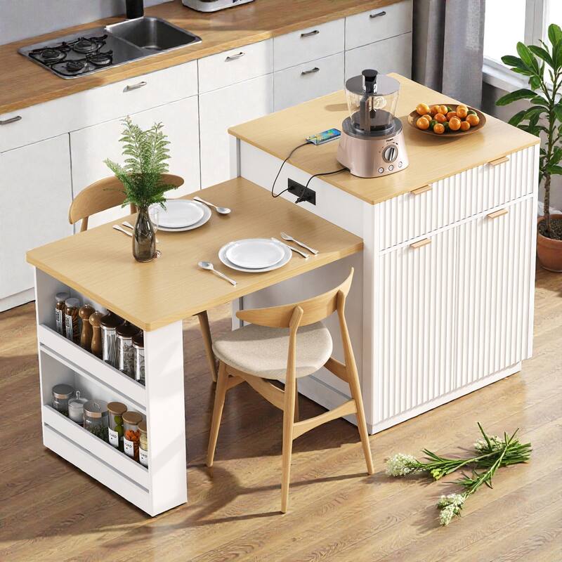 82.6" Fluted Kitchen Island with Extendable Dining Table for 2-6, Power Outlet, Double-Side Storage, Drawers - White