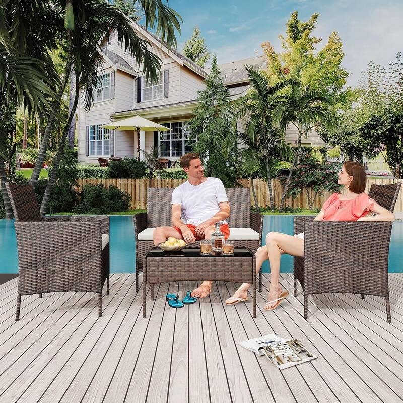 4 Pieces Rattan Wicker Chairs with Glass Coffee Table