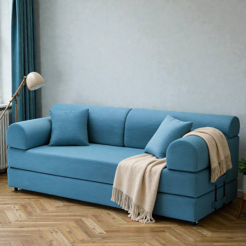 Convertible Sleeper Sofa Bed, 4-in-1 Corduroy Folding Floor Couch with Cylindrical Pillow, 2-Seat Space-Saving Lounge Sofa