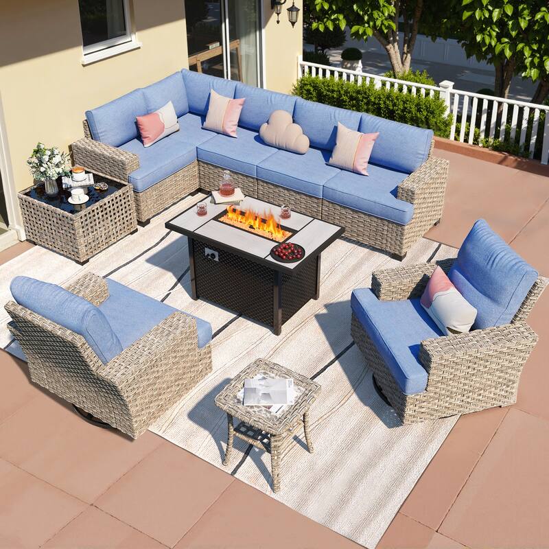 HOOOWOOO 10-piece Wicker Rattan Patio Sectional Set with Fire Pit Table