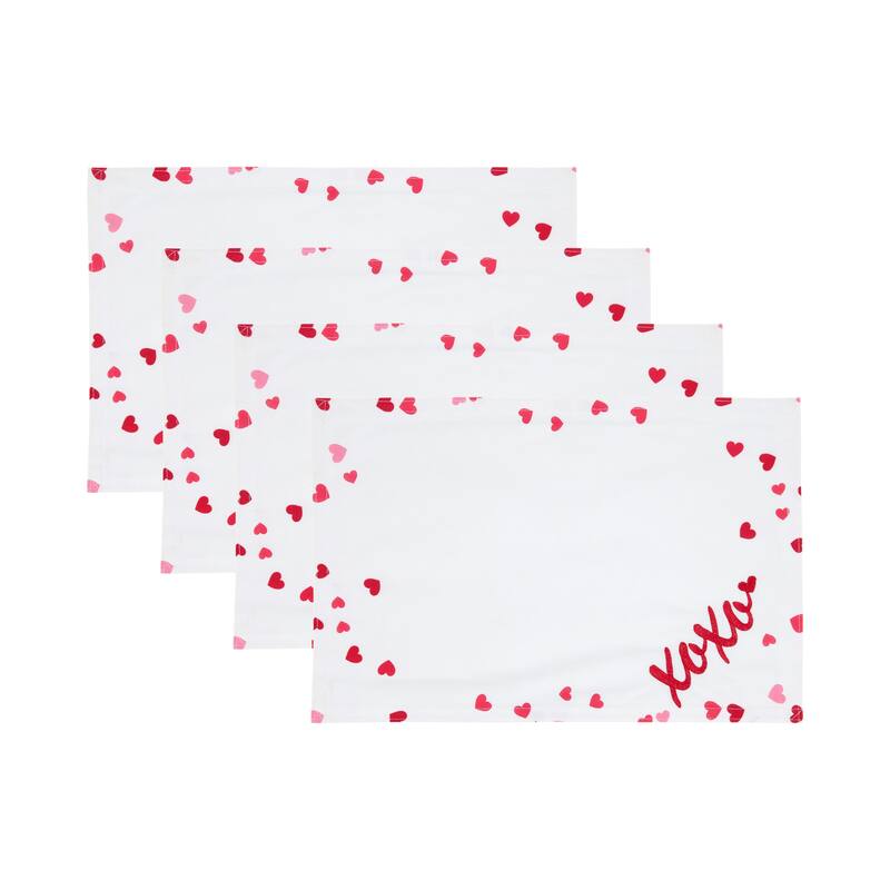 XOXO Heart Scatter Placemats (Set of 4) - Embroidered Script with Printed Heart Border, 12"x18"