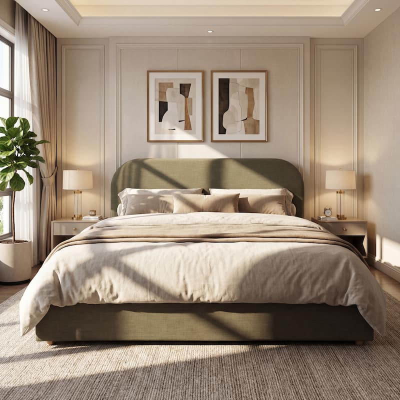 Christopher Knight Home - Thalassa Linen Bed Frame with Curved Headboard and Solid Wood Legs