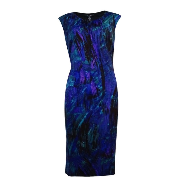 Style & Co. Women's Pleated Neck Sleeveless Print Dress - blue brushstroke