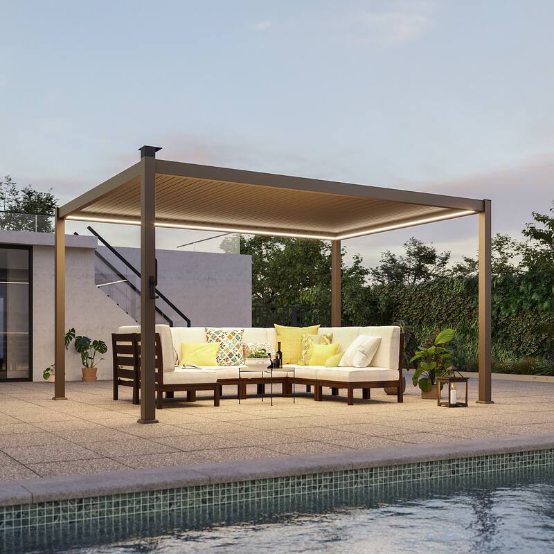 Outdoor Metal Solar LED Louvered Pergola with Adjustable Roof - 10' x 13' - Brown