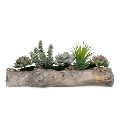 Succulents & Pebbles, Moss Flower Arrangement in Cement Window Log - Green