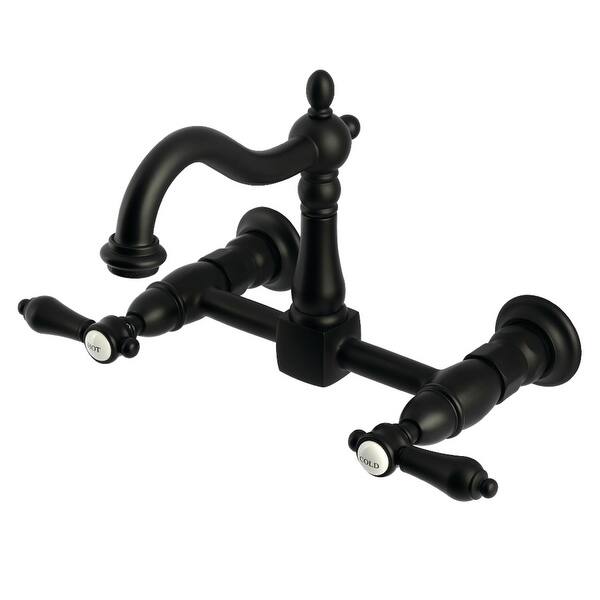 slide 2 of 6, Kingston Brass Heirloom Two-Handle 2-Hole Wall Mount Bridge Kitchen Faucet Matte Black