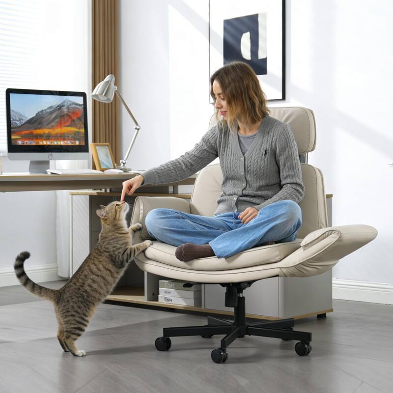 Criss Cross Chair with Adjustable Armrests Wheels Headrest, PU Lounge Vanity Desk Chair with Wide Seat, Swivel Office Chairs