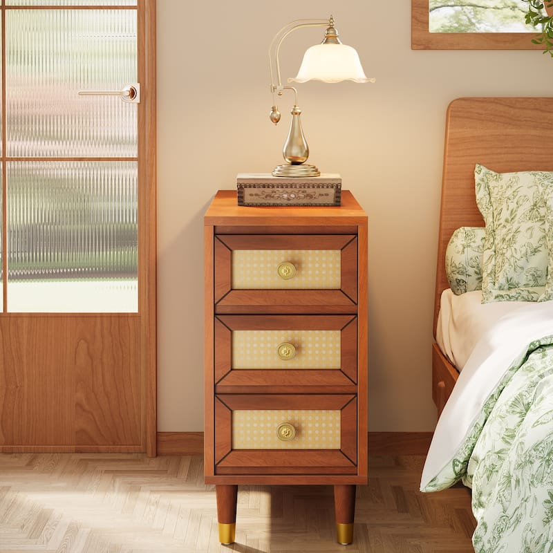 Solid Wood End Table with 3 Rattan Drawers, Narrow Slim Nightstand