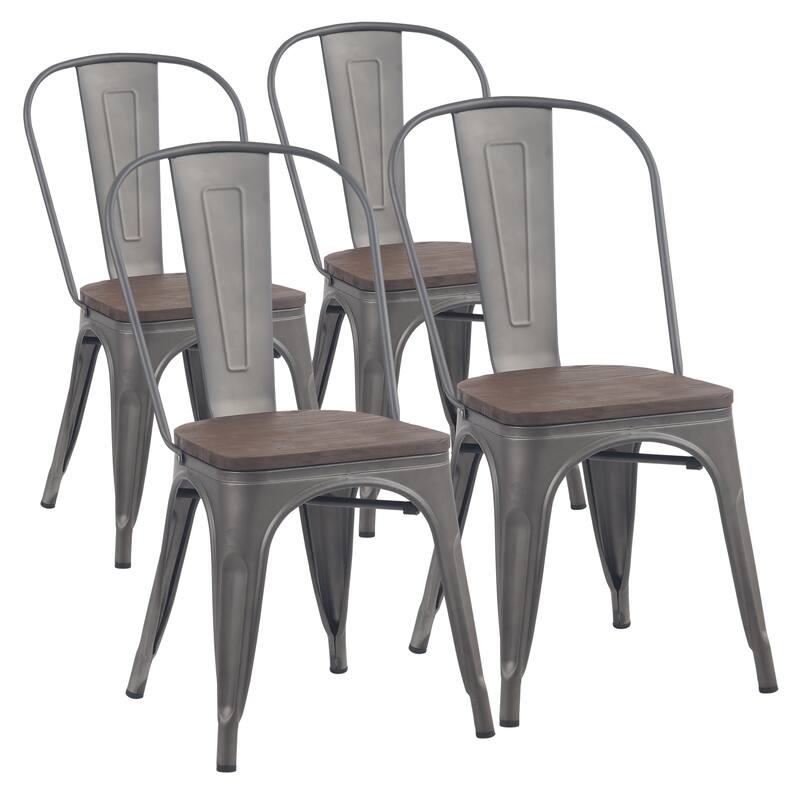 Metal Dining Chairs Set of 4 Stackable Indoor-Outdoor Patio Chair - Wooden-Rusty Grey