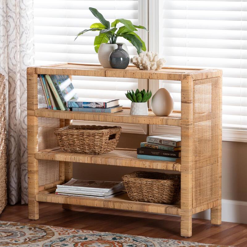 Abelia Natural Rattan 4-Tier Display Shelf - Handwoven Boho Coastal Bookcase or Entryway Storage, Lightweight Wicker Accent