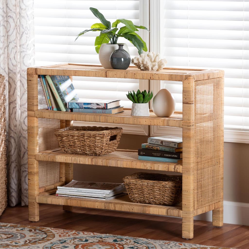 Abelia Natural Rattan 4-Tier Display Shelf - Handwoven Boho Coastal Bookcase or Entryway Storage, Lightweight Wicker Accent