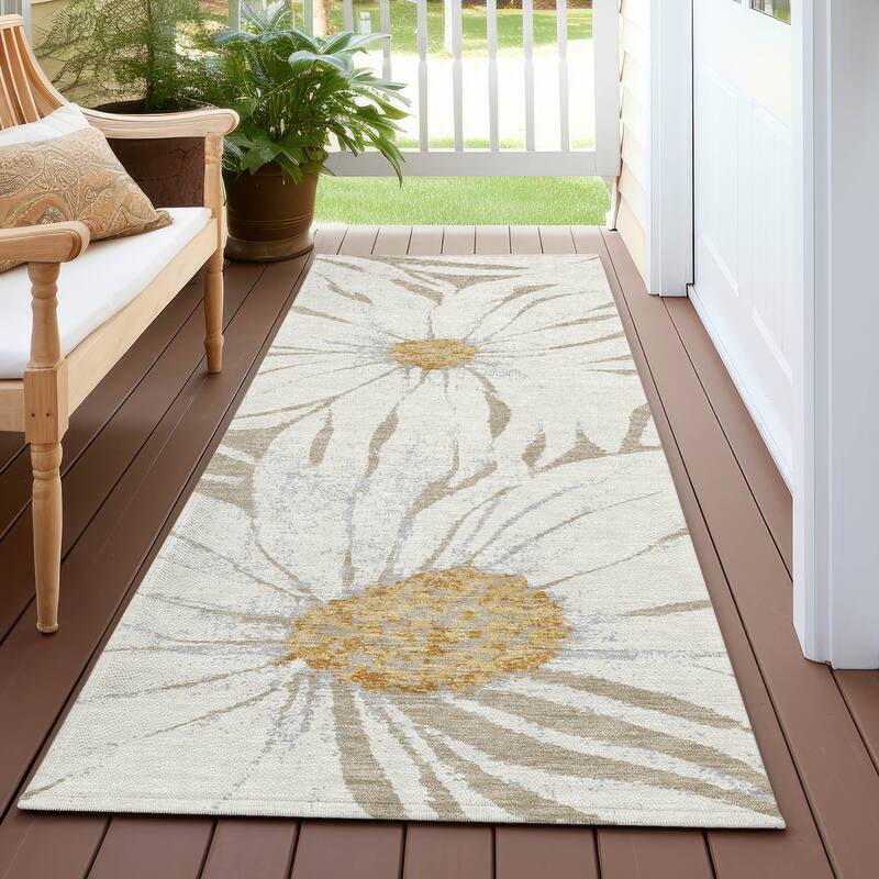Machine Washable Indoor/ Outdoor Floral Chantille Rug - Beige - 2'3" x 7'6"