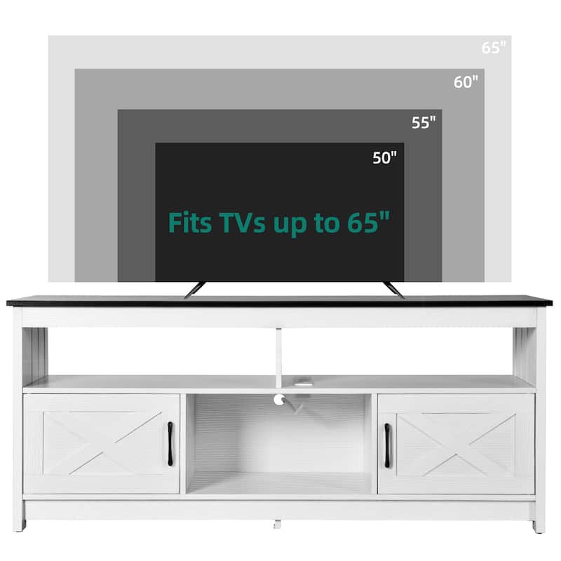 Farmhouse TV Stand for up to 65" TV with Doors and Open Shelves Media Console Power Outlet