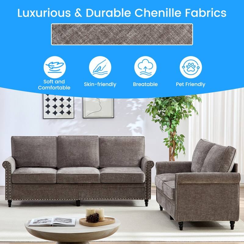 Mixoy 2 Piece Living Room Sofa Set with Riveted Design,Chenille Nailhead W76''3-Seater Sofa Couch with W53''Loveseat Sofa