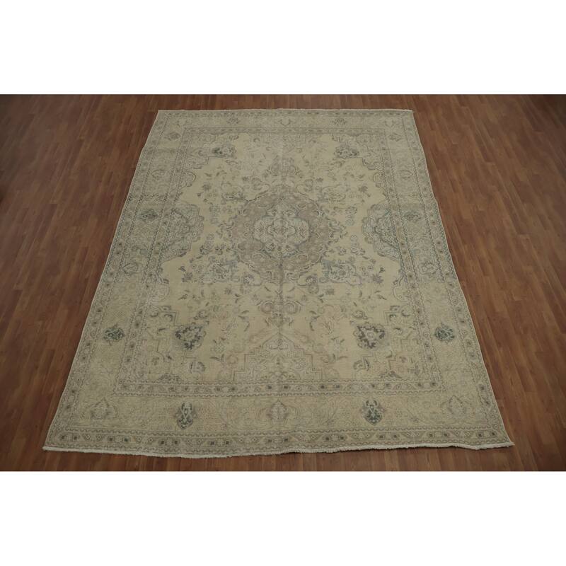 Hand Knotted Oriental 100% Wool Carpet Traditional Floral Beige & Ivories Tabriz Area Rug - 12' 6'' X 9' 4''