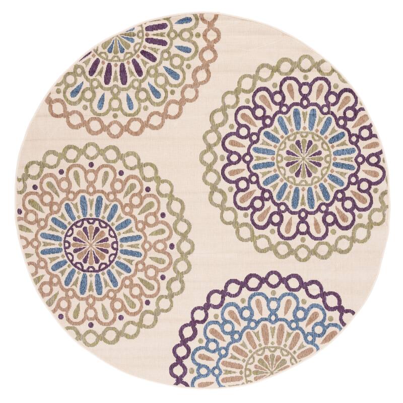 SAFAVIEH Veranda Elsi Geometric Medallion Indoor/Outdoor Area Rug - 6'7" Round - Cream/Green