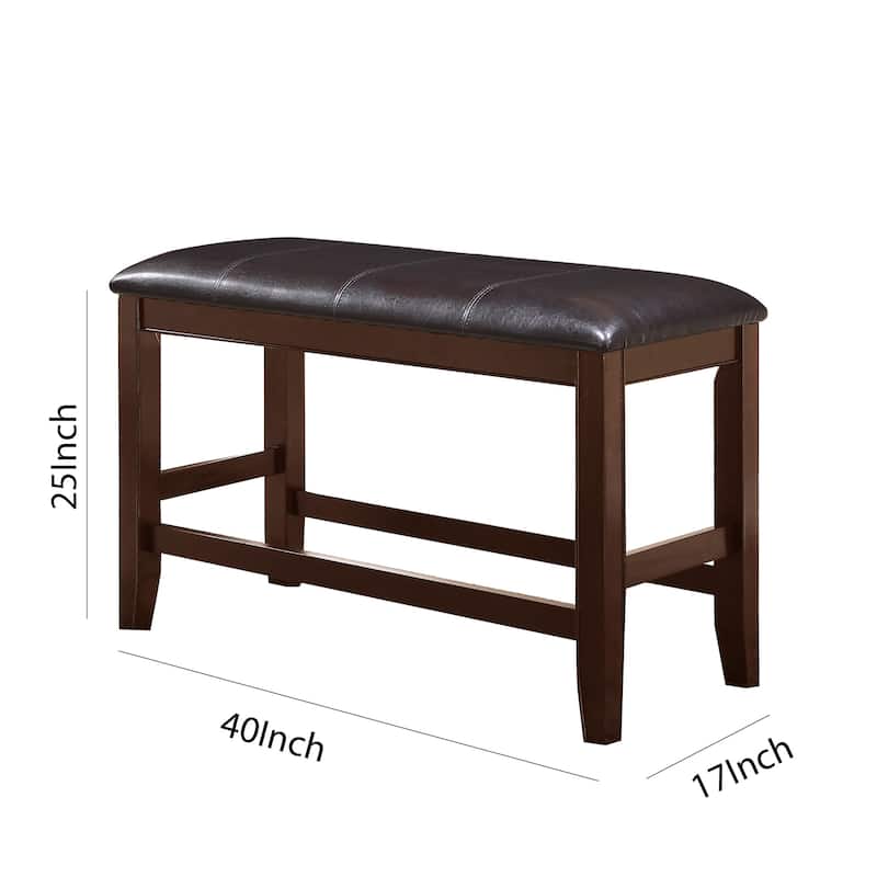 Wooden Counter Height Bench with Leatherette Seat, Brown and Black