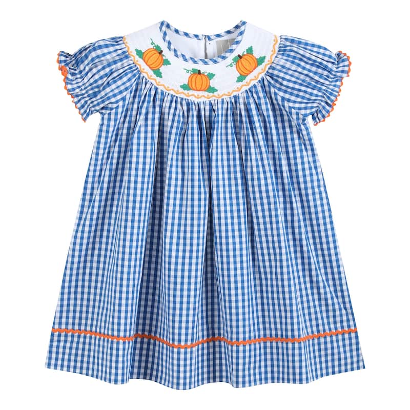 Lil Cactus Royal Blue Gingham Pumpkin Smocked Bishop Dress