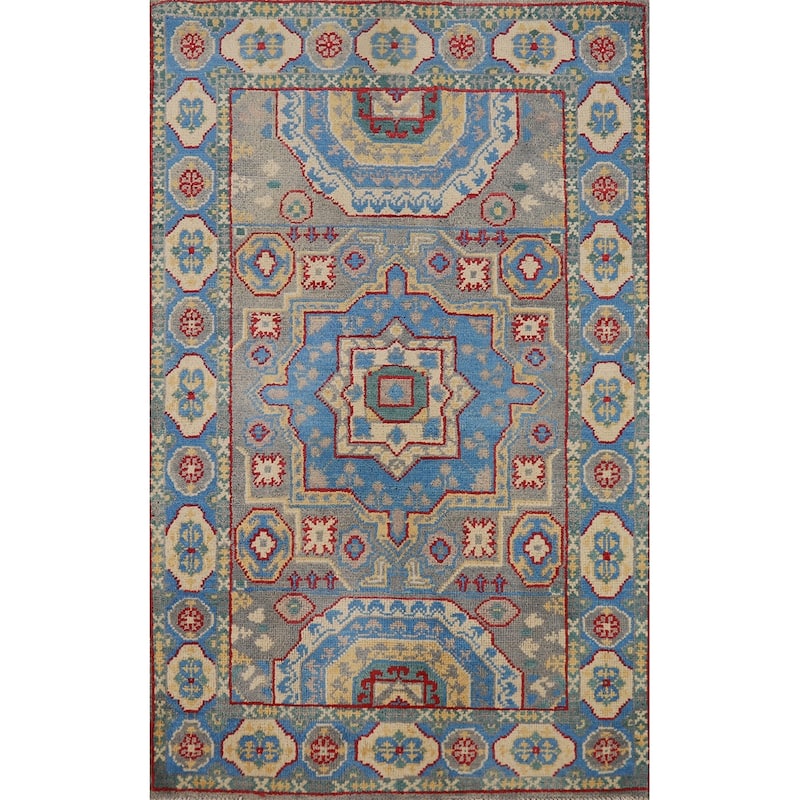 Blue Kazak Foyer Rug Handmade Geometric Wool Carpet - 2'7"x 4'1"