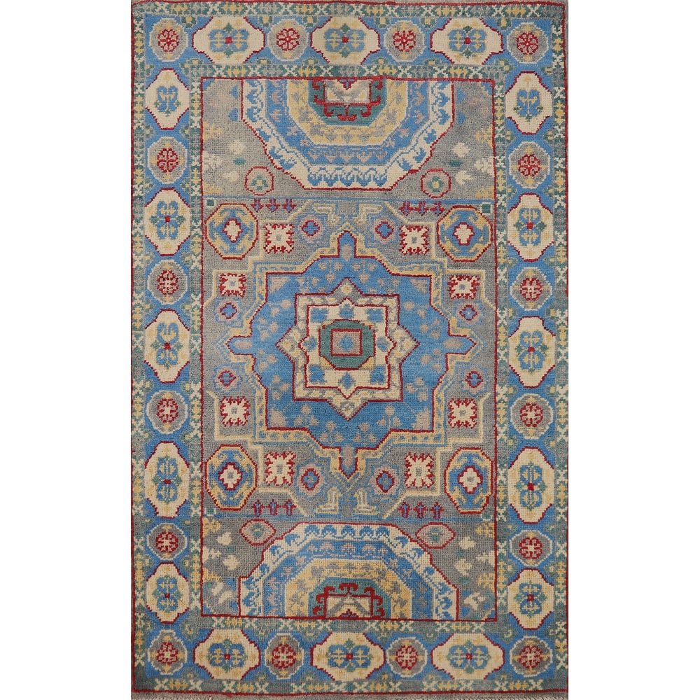 Blue Kazak Foyer Rug Handmade Geometric Wool Carpet - 2'7"x 4'1"